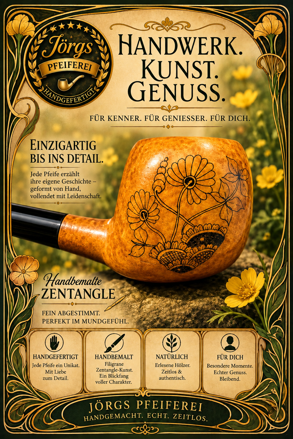 „Die junge Pfeife“ Freehandpfeife mit handgemalter Zengtangle-Zeichnung – Unikat